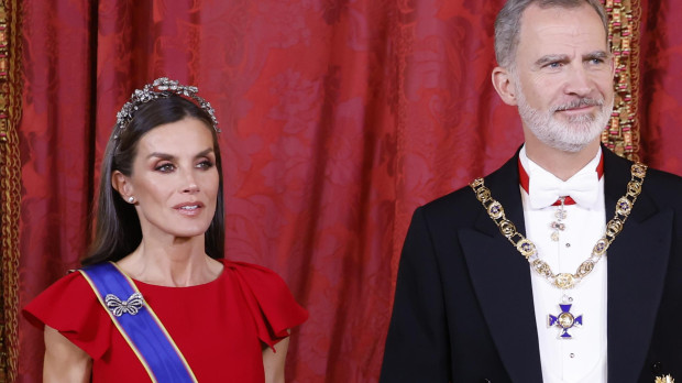 Spanish King Felipe VI and Letizia during official dinner ceremony for Colombian President on ocassion his official visit to Spain in Madrid on Wednesday, 3 May 2023.