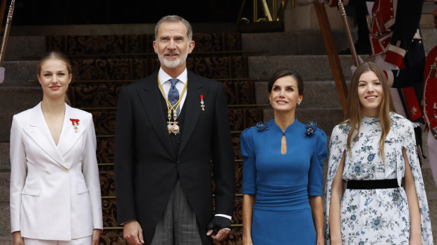 Spanish King Felipe VI and Letizia Ortiz with Princess of Asturias Leonor de Borbon and Sofia de Borbon during Constitution Pledge (Jura de la Constitucion) ceremony in Madrid on Tuesday, 31 October 2023.