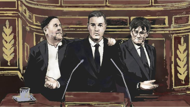 Ilustración de Pedro Sánchez flanqueado por Junqueras y Puigdemont