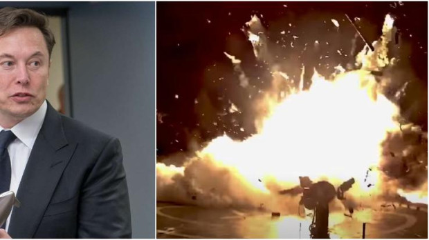 Elon Musk, presidente de Space X, y un prototipo de cohete Falcon explotando