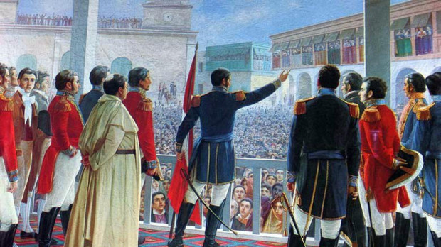 San Martín proclama la independencia del Perú el 28 de julio de 1821, en Lima, Perú