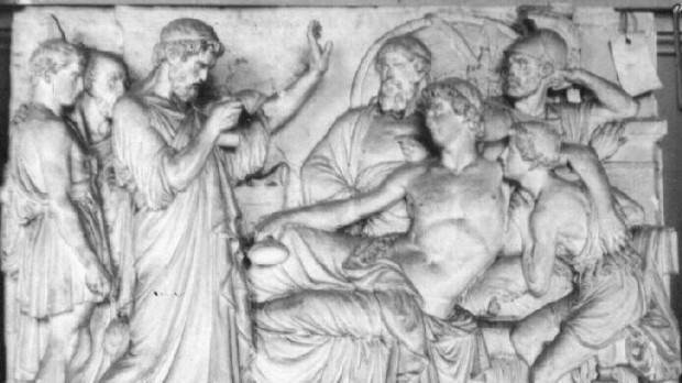 Alejandro bebiendo mientras su médico Filipo lee la carta de Parmenión, relieve de André-Joseph Allar