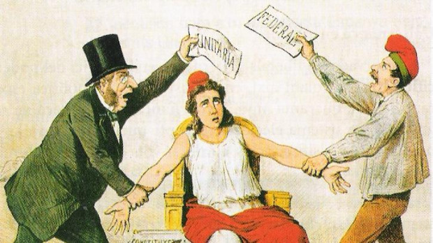 Caricatura de la revista satírica La Flaca del 3 de marzo de 1873 sobre la pugna entre los radicales, que defienden la república unitaria, y los republicanos federales