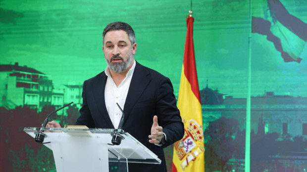 El líder de VOX, Santiago Abascal, durante una rueda de prensa