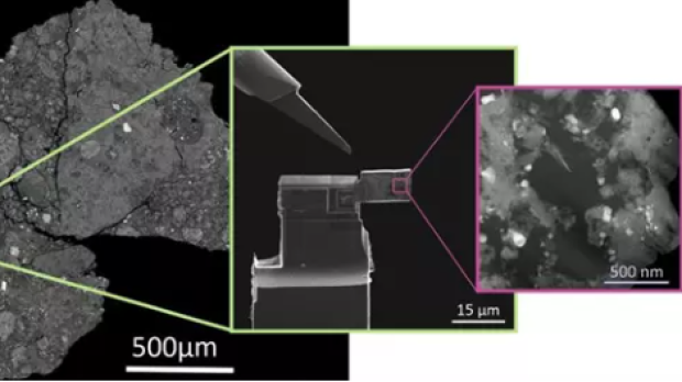 Utilizando un nanomanipulador y un haz de iones ultrafino, se corta del meteorito una laminilla diminuta y se fija a una barra de muestra