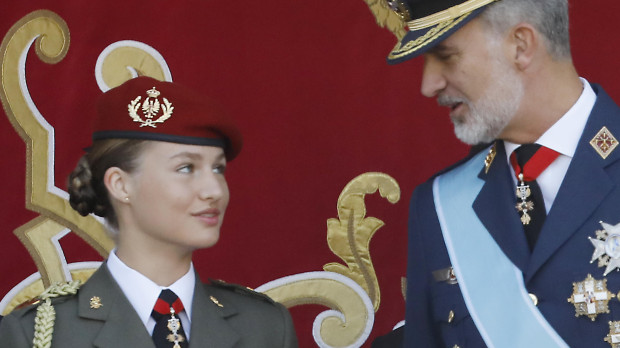 Spanish King Felipe VI with Princess Leonor de Borbon attending a military parade during the known as Dia de la Hispanidad, Spain's National Day, in Madrid, on Thursday 12, October 2023.