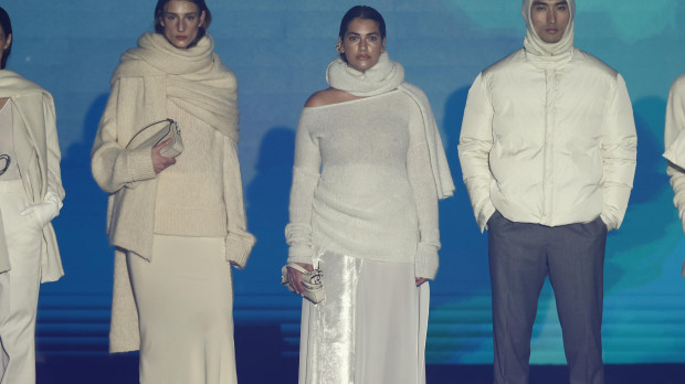 A model wears at collection runway a creation from Pedro del Hierro during Pasarela Cibeles Mercedes-Benz Fashion Week Madrid 2024 in Madrid, on Thursday 15 February 2024.