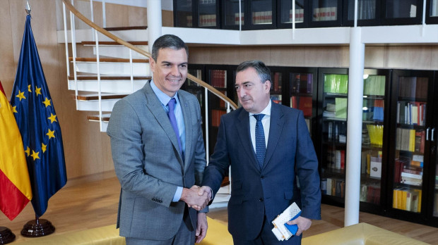El presidente del Gobierno, Pedro Sánchez (i), recibe al portavoz del PNV en el Congreso, Aitor Esteban (d)