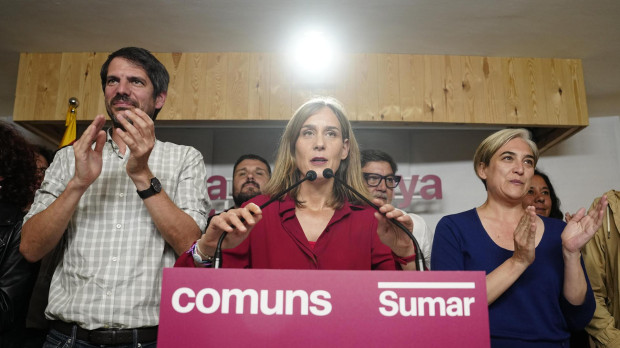 La candidata de Comuns Sumar a la presidencia de la Generalitat, Jéssica Albiach en su comparecencia