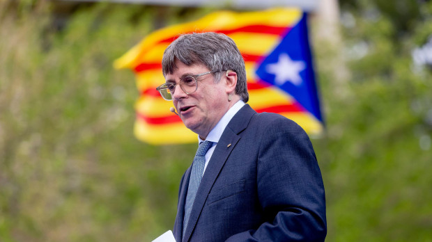 Politician Carles Puigdemont presenting his candidacy in the regional elections of Catalonia. during an event in Elna,, France, Elne, Perpignan, France, Spain - 06 Apr 2024