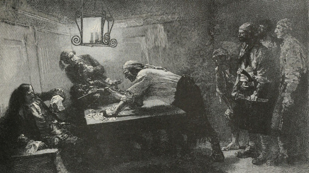 Acoso a un capitán en su camarote. Ilustración de Howard Pyle