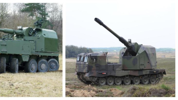 Dos modernos modelos de Santa Bárbara Sistemas: Piraña Advanced Artillery Carrier (AAC), a la izquierda; y Donar