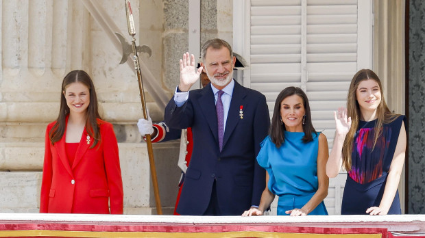 Spanish King Felipe VI and Letizia Ortiz with Princess Leonor and Princess Sofia attending solemn relief of the royal guard during 10 anniversary of the proclamation of Spanish King Felipe VI in Madrid on Wednesday, 19 June 2024.
