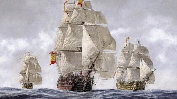 Carlos Parrilla. Navíos de línea: El Santísima Trinidad al frente, al la derecha el Príncipe de Asturias