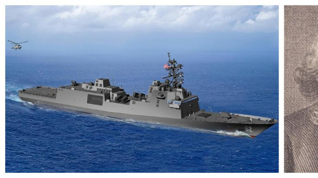 Imagen de la US Navy de una futura fragata de clase Constellation; a la derecha, retrato de Bernardo de Gálvez