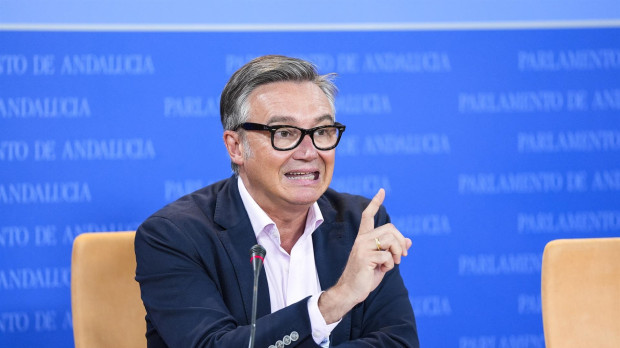 El portavoz de Vox en Andalucía, Manuel Gavira, en rueda de prensa desde el Parlamento andaluz
