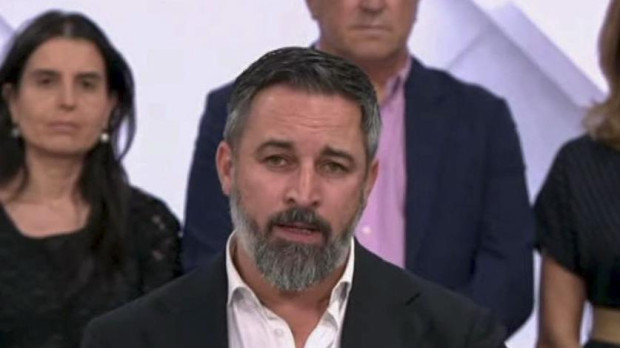Santiago Abascal, este jueves durante su comparecencia en la sede de Vox