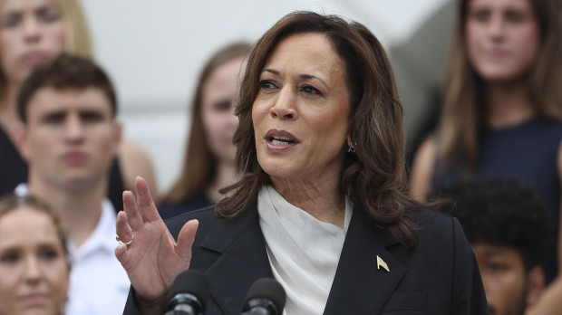 US Vice President Kamala Harris speaks on the South Lawn of the White House in Washington, DC on Monday, July 22, 2024.