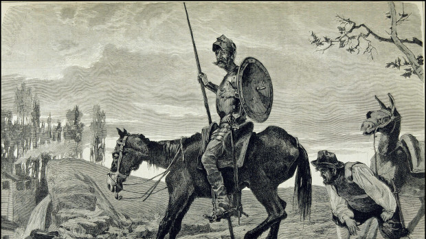 El hidalgo don Alonso Quijano, lanza en astillero, acompañado por su escudero Sancho Panza