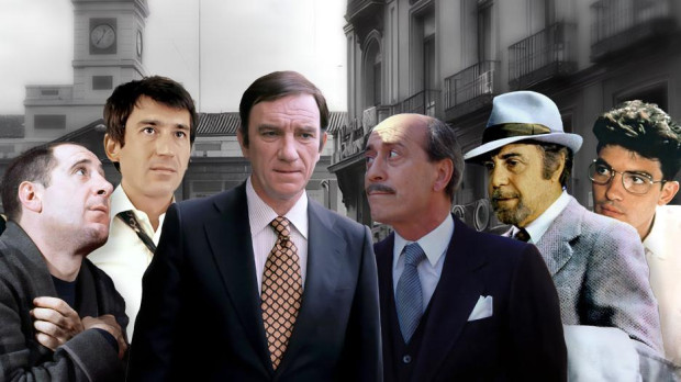 De izquierda a derecha, Javier Bardem, Alfredo Landa, José Sacristán, Fernando Fernán Gómez, José Luis López Vázquez, Fernando Rey y Antonio Banderas