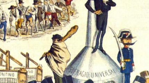 Caricatura de 'La Carcajada' en la que ironiza sobre los métodos fraudulentos utilizados por el presidente del gobierno y ministro de la Gobernación Práxedes Mateo Sagasta para ganar las elecciones de abril de 1872