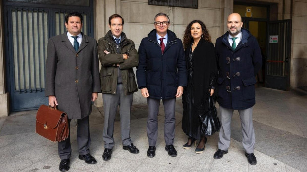 Manuel Gavira (c), junto a otros miembros de Vox, este miércoles, en la Audiencia de Sevilla