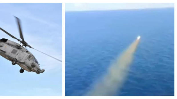 Un helicóptero Toro de la Armada y lanzamiento de un misil Penguin