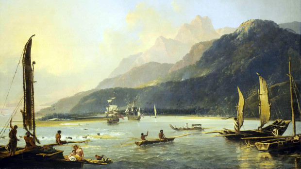 Los buques británicos Resolution y Adventure, en la bahía de Matavay (Tahití)- 1776. Segunda expedición de James Cook