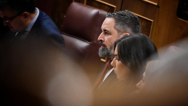 El presidente de VOX, Santiago Abascal, y la portavoz parlamentaria, Pepa Millán, en una sesión plenaria