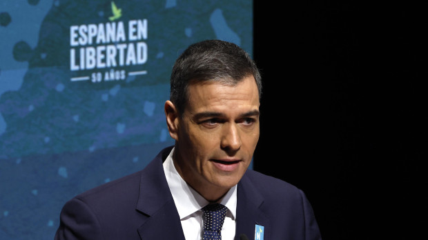 El presidente del Gobierno, Pedro Sánchez, durante su intervención el primer acto por el 50 aniversario de la muerte de Franco