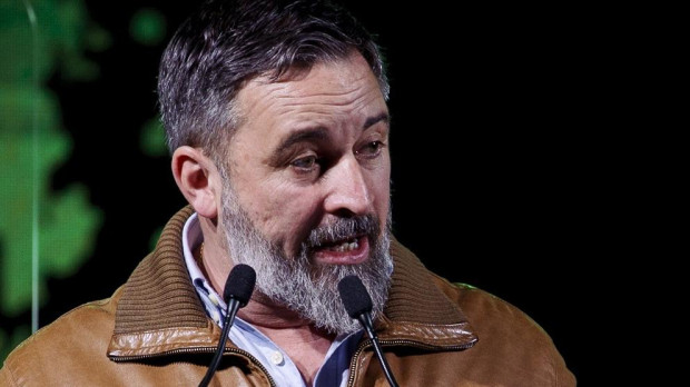 El líder de Vox, Santiago Abascal, interviene durante un acto público conjunto del sindicato Solidaridad y Vox