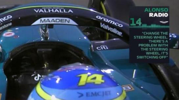 Momento en el que el Fernando Alonso se queda con el volante en la mano
