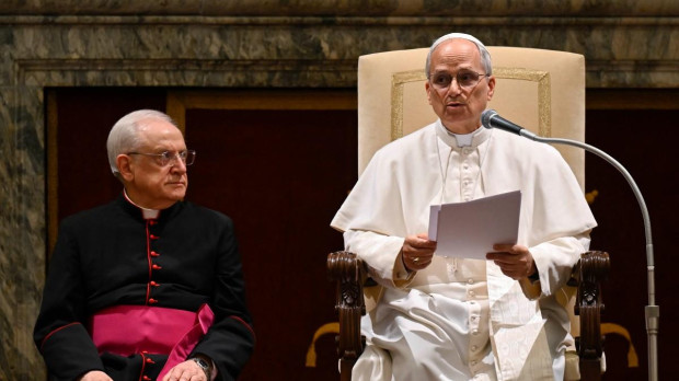El Papa León XIV, durante su intervención frente a los embajadores en la Santa Sede