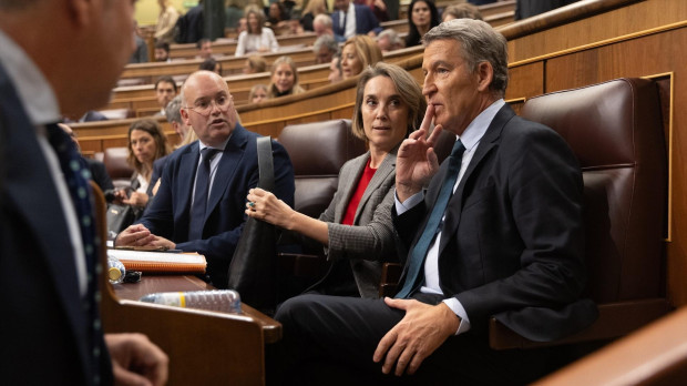 Miguel Tellado; la secretaria general del PP, Cuca Gamarra, y el presidente del Partido Popular, Alberto Núñez Feijóo, durante una sesión plenaria en el Congreso
