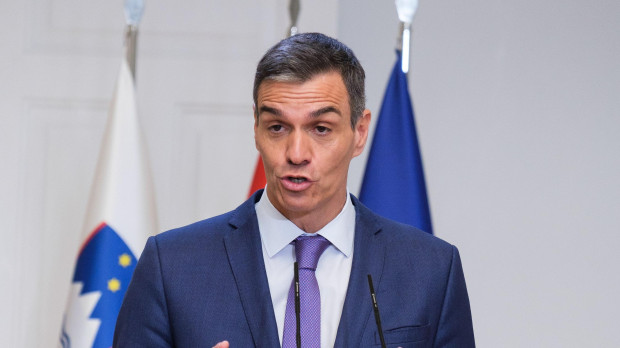 The President of the Government of Spain, Pedro Sanchez receives the Prime Minister of the Republic of Slovenia (Not in View) at the Moncloa Palace in Madrid.