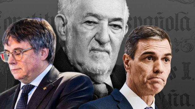 Carles Puigdemont (izquierda), Cándido Conde-Pumpido (centro), Pedro Sánchez (derecha), en un diseño de El Debate