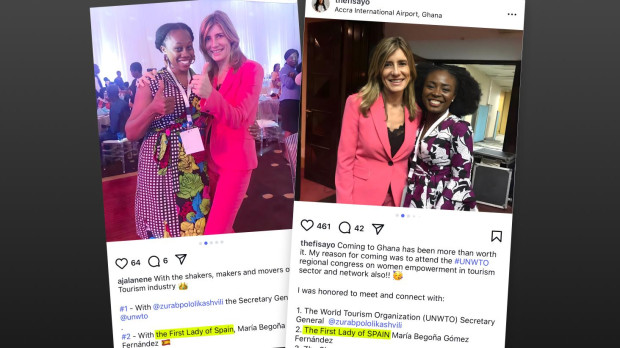 Imágenes de Begoña Gómez con dos influencers africanas, en noviembre de 2019