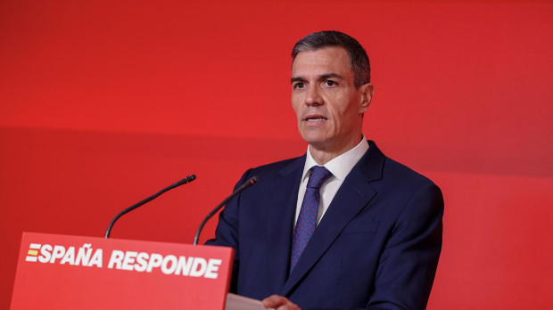 El presidente del Gobierno y líder del PSOE, Pedro Sánchez, durante su comparecencia en Ferraz