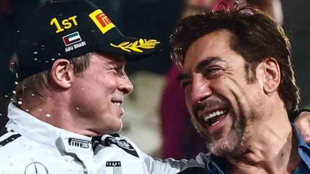 Brad Pitt y Javier Bardem, durante el rodaje de F1: La película