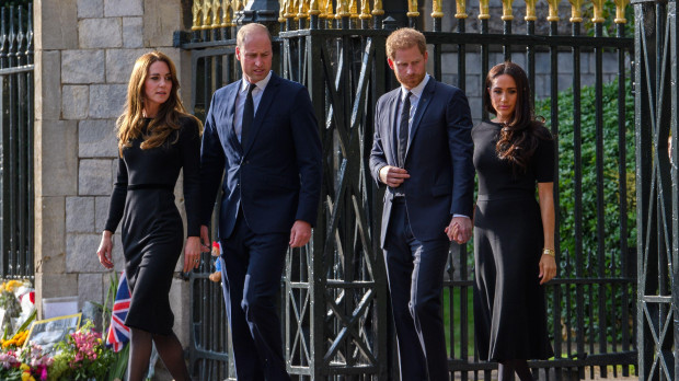 Britain's Prince William and Kate Middleton , Princess of Wales, with Britain's Prince Harry  and Meghan Markle , Duchess of Sussex following the death of Queen Elizabeth II in Windsor, England, Saturday, Sept. 10, 2022.