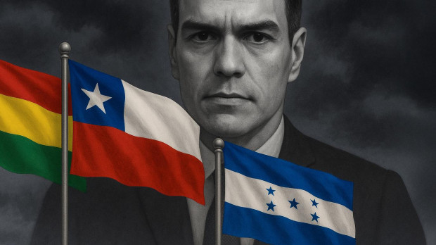 Sánchez con las banderas de Bolivia, Chile y Honduras