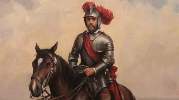 Hernán Cortés montado a caballo junto a un perro, obra del artista Augusto Ferrer-Dalmau