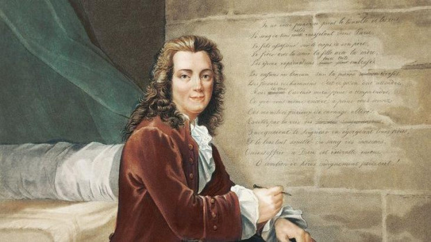 Voltaire encarcelado en la Bastilla escribiendo La Henriada en 1728. Obra de Francois Bouchot