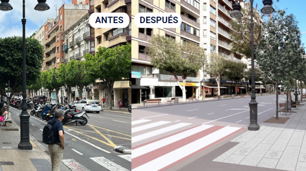 Diseño con el antes y después de la calle Colón de Valencia tras las obras que comenzaron en junio