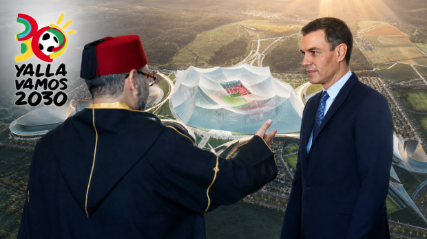 Mohamed VI y Pedro Sánchez, sobre la maqueta del estadio que Marruecos está construyendo en Casablanca