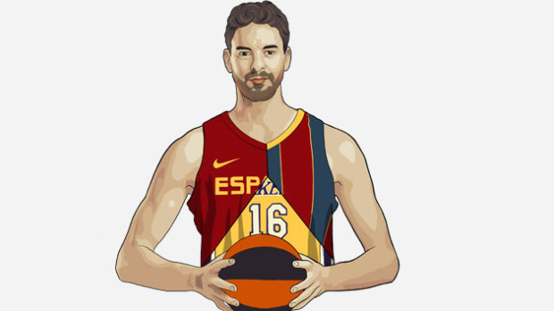 Pau Gasol junto a las camisetas que han marcado su carrera