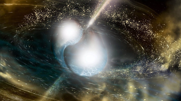 Una nueva investigación sugiere que las estrellas de neutrones binarios son una fuente cósmica probable del oro, el platino y otros metales pesados que vemos hoy