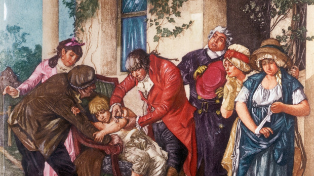 El doctor Edward Jenner (1749-1823) efectuando la primera vacuna contra la viruela en 1796 (1879), óleo sobre lienzo de Gaston Mélingue (1839-1914), Collection Bibliothèque de l’Académie nationale de médecine, París