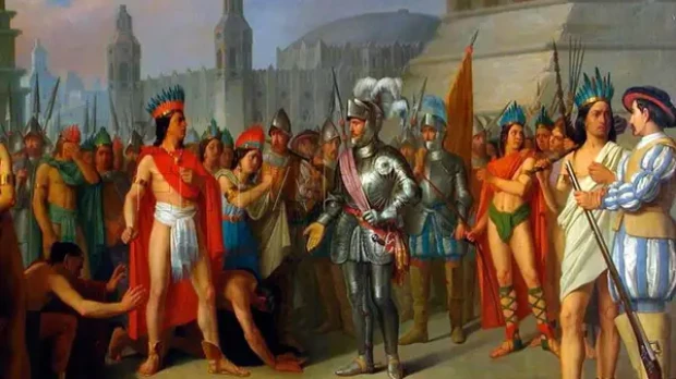 Tapiz ilustrativo del encuentro entre Hernán Cortés y Moctezuma
