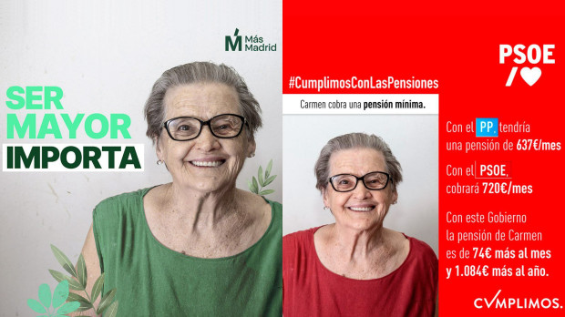 Las campañas de Más Madrid y el PSOE con la fotografía de una anciana del mismo banco de imágenes